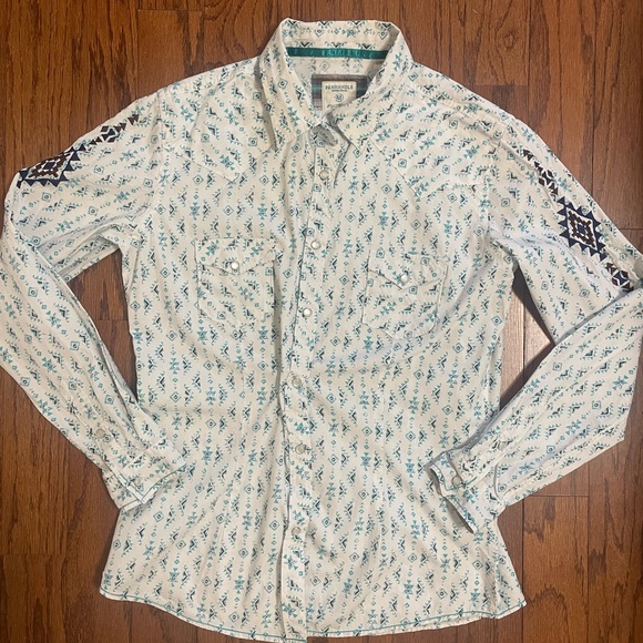 Panhandle Aztec Print Long Sleeve Snap button Shirt Turquoise size M - Picture 4 of 13